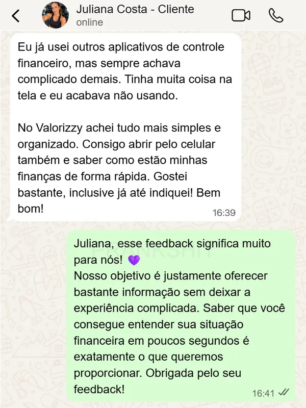 Depoimento de Juliana Costa, cliente do Valorizzy